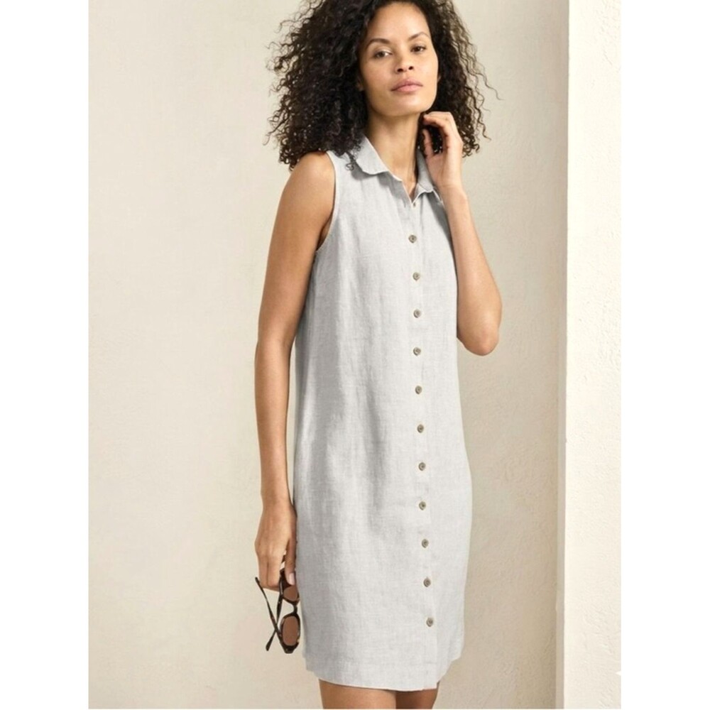 GARNET HILL SZ 10 LIGHT BLUE GREY 100% LINEN SLEEVELESS SHIRT DRESS